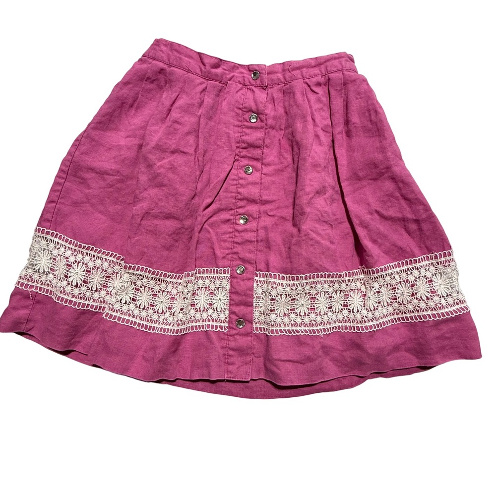 The Children's Place Girls Pink 100% Linen Button Front Lace Trim Skirt Size 8